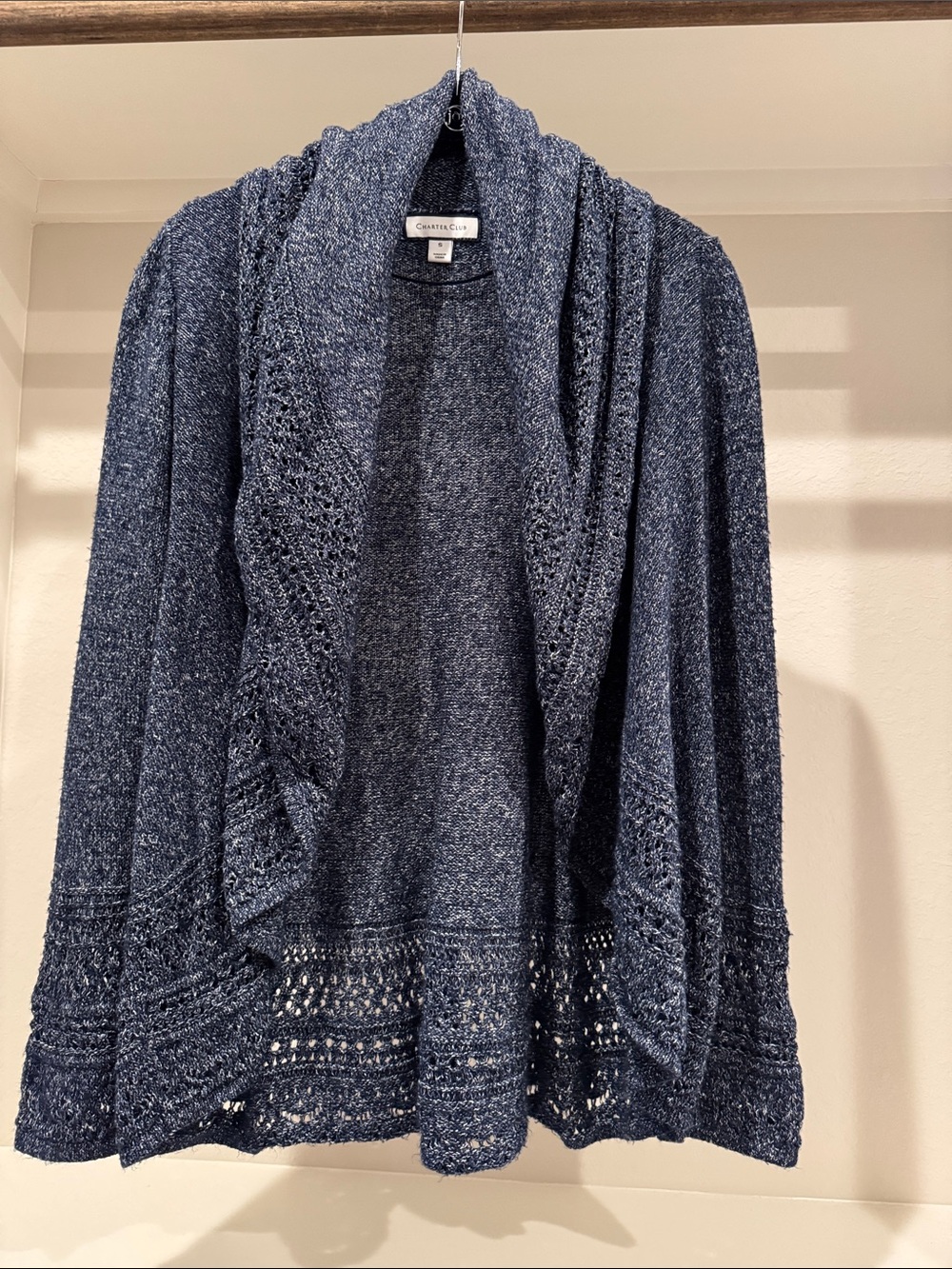 Charter Club Navy Open-Front Crochet-Trim Draped Cardigan